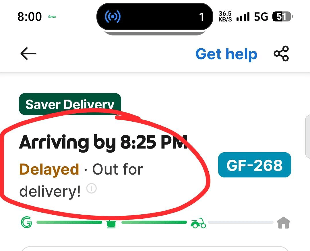 Pantalla de pedido de Grab Saver Delivery que muestra un estado de entrega retrasada