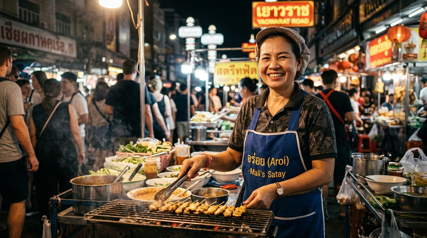 Vendeuse de street food thaïlandaise souriante sur un marché nocturne à Bangkok