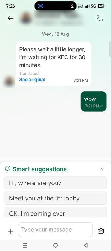 Grab rider message saying they have been waiting at KFC for 30 minutes